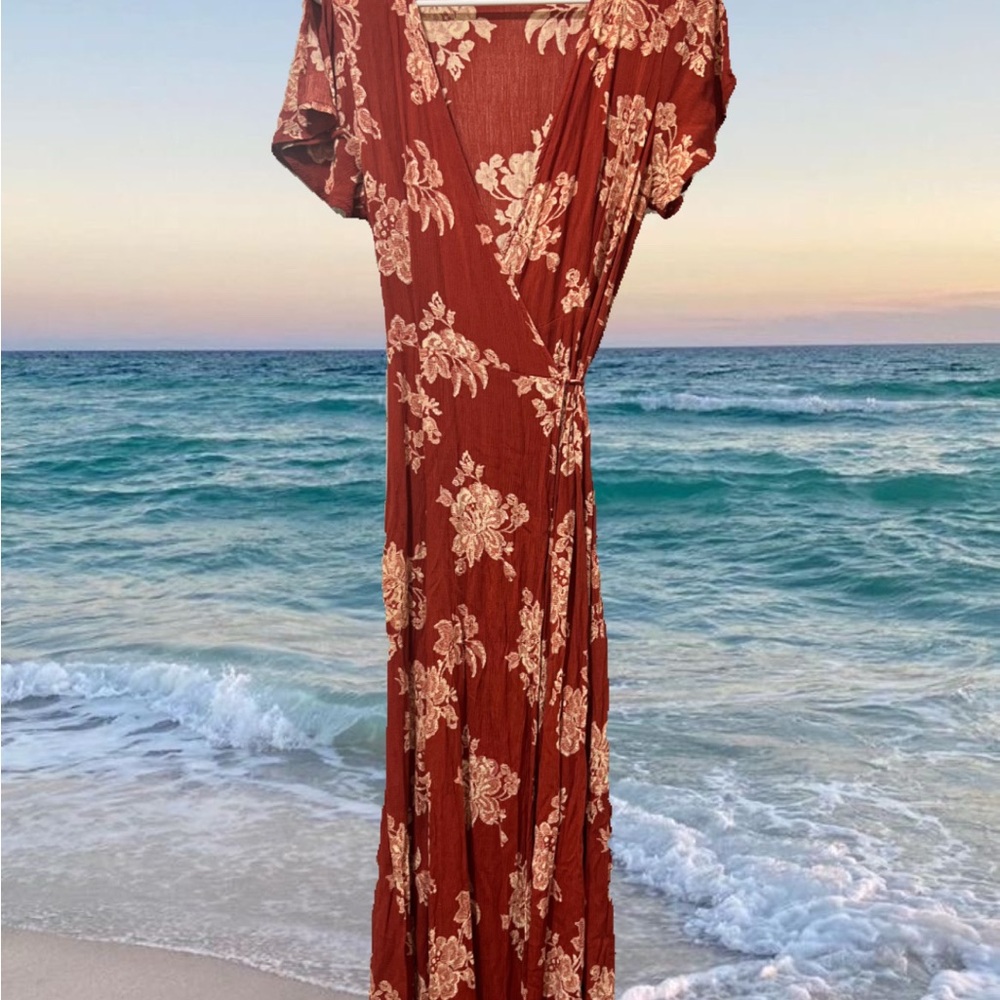 Lulus Floral Wrap Dress in Rust by Lulus